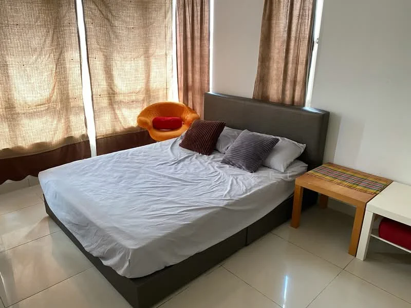 Bedroom features: king-size bed with grey upholstered headboard, white bedding, two decorative pillows, orange accent chair, wooden side table, cream painted walls, floor-to-ceiling windows, brown sheer curtains, glossy tile flooring; style: modern.