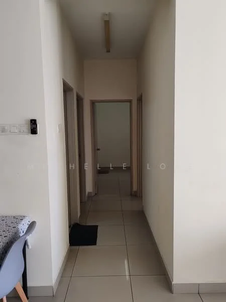 Hallway features: white painted walls, tile flooring, ceiling lights, doorways leading to other rooms, neutral color scheme, matte finish on walls, no visible decor, straight corridor layout; style: modern.