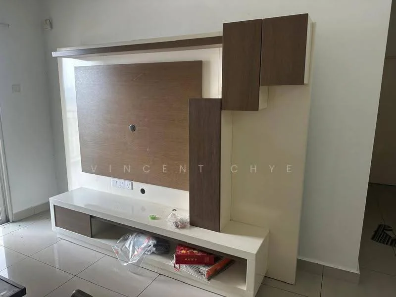 Living features: white painted walls, glossy tile flooring, built-in TV console with wood paneling, light-colored cabinetry, open shelving, cable management hole, neutral color scheme, minimalist design; style: modern.