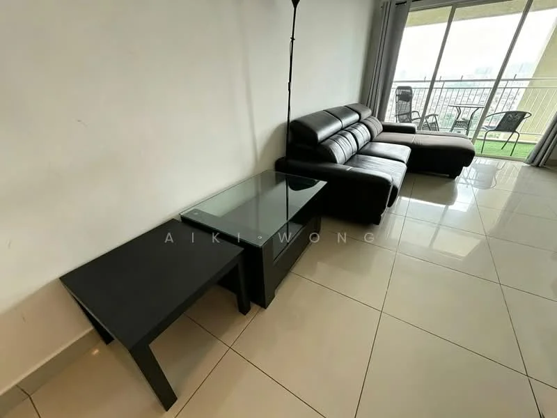 Living features: black leather sectional sofa, glass coffee table, floor lamp, large windows with sheer curtains, white painted walls, glossy tile flooring, balcony access, city view; style: modern; view: city.