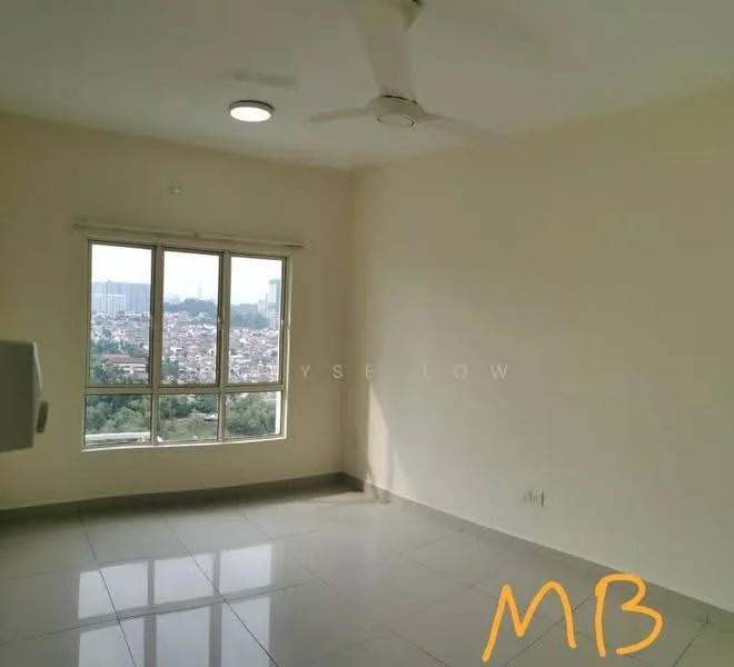 Room features: white painted walls, grey floor tiles, 5-blade ceiling fan, large window with city view, window blinds, recessed ceiling light, corner wall-mounted air conditioning unit, neutral color scheme; style: modern; view: city.