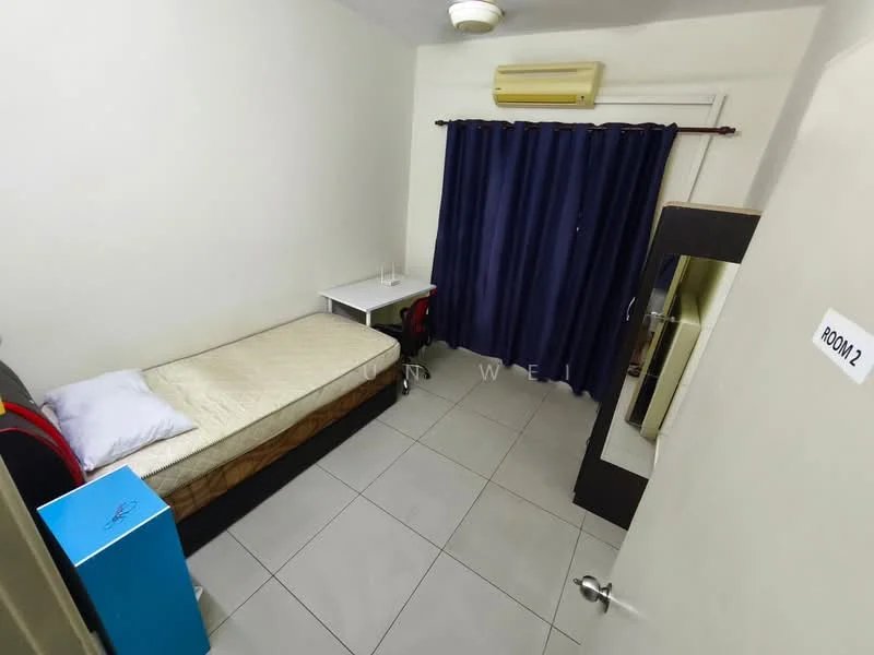 Bedroom features: single bed, mattress on bed frame, white bed linens, study desk with chair, blue storage box, dark blue curtains, wall-mounted mirror, air conditioning unit, tile flooring, light fixture on ceiling.