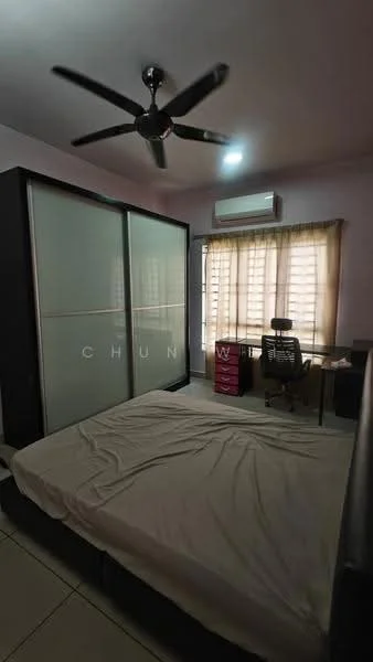Bedroom features: queen-size bed with beige bedding, black sliding wardrobe with mirrored doors, study desk with chair, window with sheer curtains, ceiling fan, wall-mounted air conditioning unit, light-colored walls, tile flooring; style: modern.