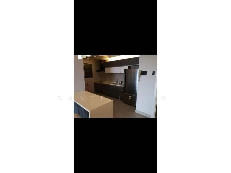Kitchen features: stainless-steel fridge, flat-panel cabinetry in dark wood, light-colored countertop, single-bowl stainless-steel sink, chrome pull-down faucet, built-in oven, ceramic tile flooring, recessed downlights, open shelving, kitchen island with seating, wall-mounted cabinets, backsplash with neutral tone; style: modern.