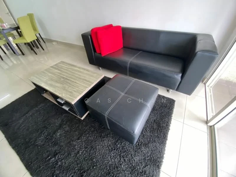 Living features: black leather 3-seater sofa, red decorative cushion, black ottoman, wood coffee table with grey top, black area rug, glossy tiled flooring, large window with natural light; style: modern.