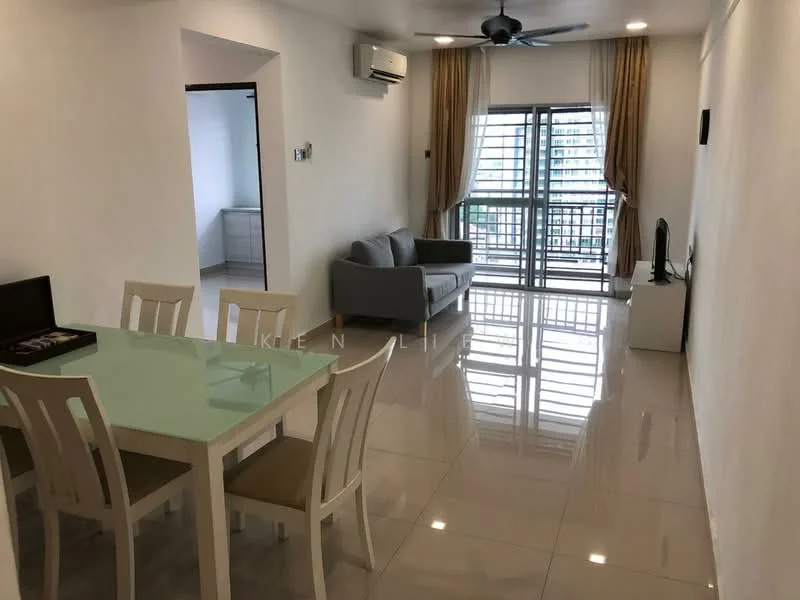 Living features: glossy tile flooring, white painted walls, 5-blade ceiling fan with light, floor-to-ceiling windows, sheer curtains, grey fabric sofa, TV console, wall-mounted TV, dining table with 4 chairs, decorative wall art; style: modern; view: city. Room features: white painted walls, glossy tile flooring.