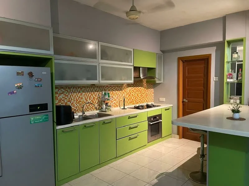 Kitchen features: green cabinetry with flat-panel doors, white countertop, stainless-steel sink, chrome pull-down faucet, built-in gas hob, built-in oven, refrigerator, colorful mosaic tile backsplash, pendant light, ceiling fan, tile flooring, open shelving, bar stool at counter; style: modern.