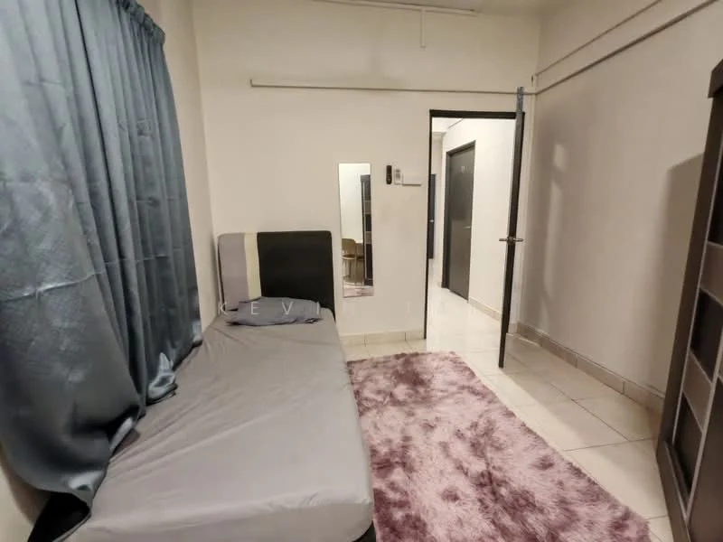 Bedroom features: single bed with grey bedding, grey upholstered headboard, light grey curtains, mirror on wall, white painted walls, tile flooring, area rug with pink pattern, built-in wardrobe, door to hallway, light fixture on ceiling; style: modern.