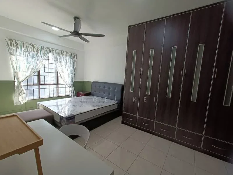 Bedroom features: queen-size bed, upholstered headboard, built-in wardrobe with sliding doors, ceiling fan, window with sheer curtains, green accent wall, white painted walls, tile flooring, study desk, decorative wall art; style: modern.