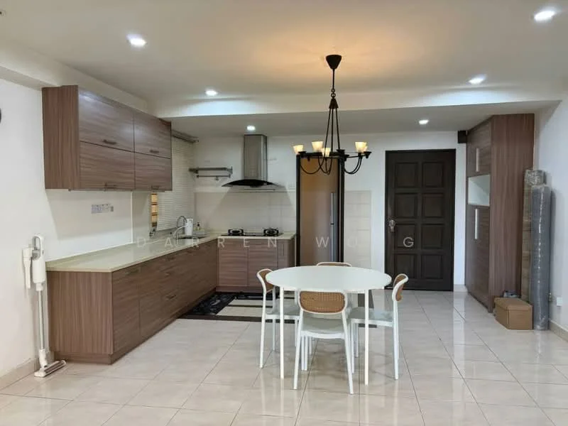 Kitchen features: brown wooden cabinetry, white countertop, stainless-steel sink, chrome pull-down faucet, built-in gas stove, exhaust hood, ceramic tile flooring, recessed downlights, dining table with white chairs, black area rug, wall-mounted cabinets, door leading to hallway; style: modern.
