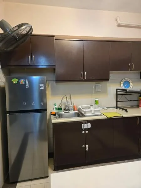 Kitchen features: stainless-steel fridge, single-bowl stainless-steel sink, chrome pull-down faucet, brown wooden cabinetry, countertop with light-colored surface, dish rack, cutting board, kitchen utensils, wall-mounted ceiling fan, tile flooring, white painted walls; style: modern.