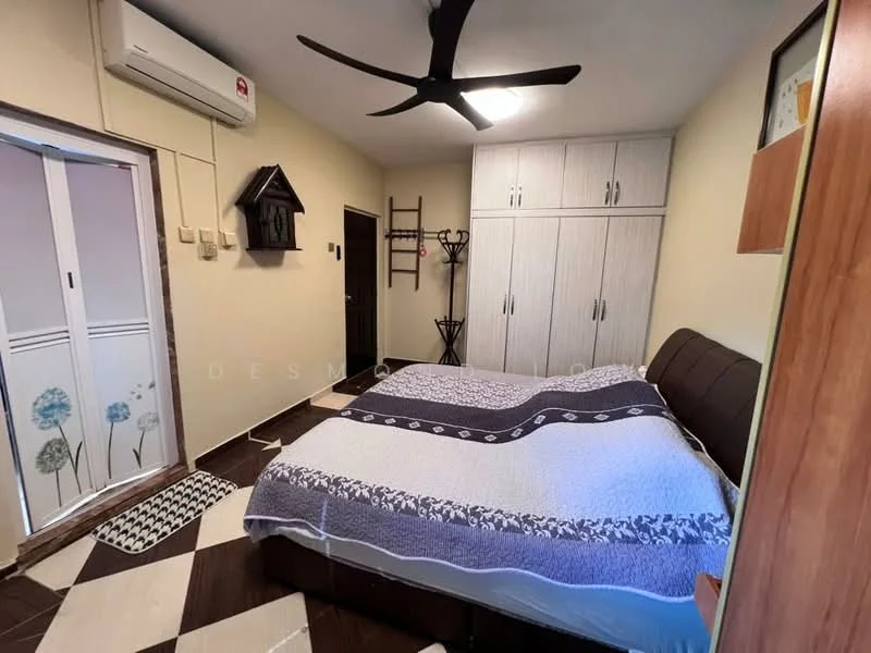 Bedroom features: king-size bed with brown upholstered headboard, white bedding with decorative pattern, 2 bedside tables, wall-mounted air conditioning unit, ceiling fan with 5 blades, built-in wardrobe with sliding doors, decorative wall art, flooring with a mix of tiles and laminate, window with sheer curtains, clothes rack, wall-mounted coat rack; style: modern.