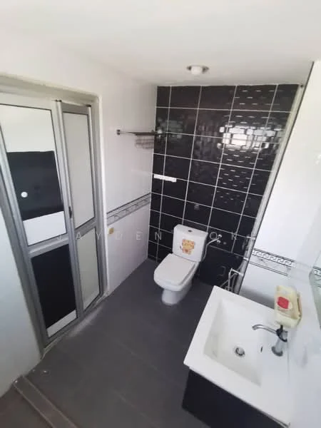 Bathroom features: black tiled walls, white tiled walls, grey tile flooring, glass shower enclosure, one-piece toilet, single-sink vanity, chrome basin mixer, mirror above sink, towel rack, wall-mounted shelf; style: modern.