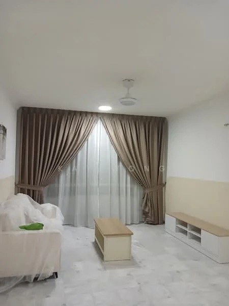 Living features: white painted walls, cream painted walls, marble flooring, 5-blade ceiling fan, floor-to-ceiling windows, sheer curtains, heavy drapes, wooden coffee table, TV console, sofa covered with protective wrap; style: modern.