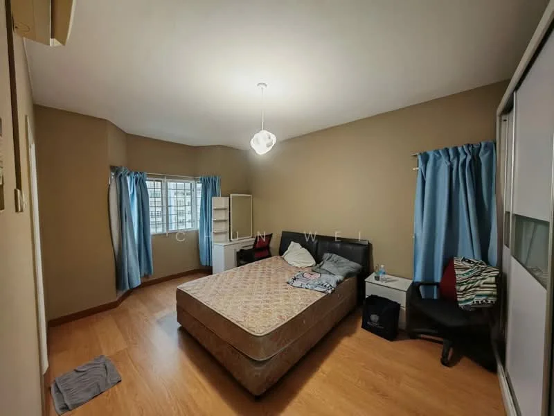 Bedroom features: queen-size bed, upholstered headboard, bedside table, chair, floor-to-ceiling window, blue curtains, light fixture, wooden flooring, cream painted walls, built-in wardrobe with sliding doors; style: modern.