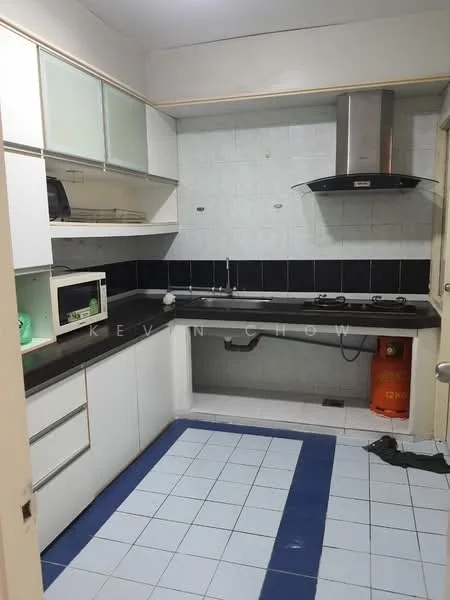 Kitchen features: white cabinetry with glass-front upper cabinets, black countertop, stainless-steel range hood, 4-burner gas hob, built-in microwave, white tiled walls, blue and white tiled flooring, kitchen sink, fire extinguisher, wall-mounted cabinet; style: modern.
