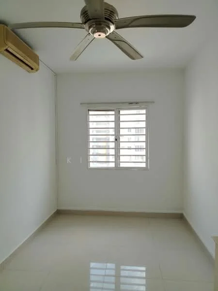 Room features: white painted walls, glossy ceramic tile flooring, 5-blade ceiling fan, 1 wall-mounted split AC, window with horizontal slats, natural light from window; style: modern; view: city.