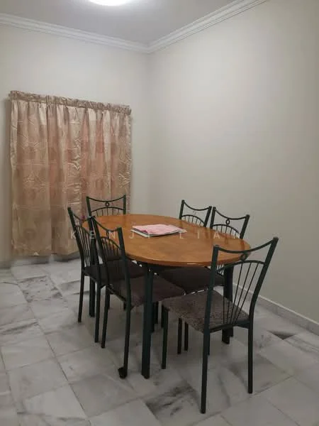 Dining features: round wooden dining table, 6 dining chairs with metal frames, woven seat cushions, cream painted walls, marble tile flooring, curtains with floral pattern, ceiling light fixture, crown moulding; style: modern.