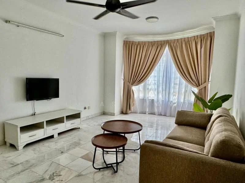 Living features: cream painted walls, marble flooring, 5-blade ceiling fan, floor-to-ceiling windows, sheer curtains, beige fabric sofa, 2 round coffee tables, TV console with storage, wall-mounted TV, indoor plant; style: modern; view: city.