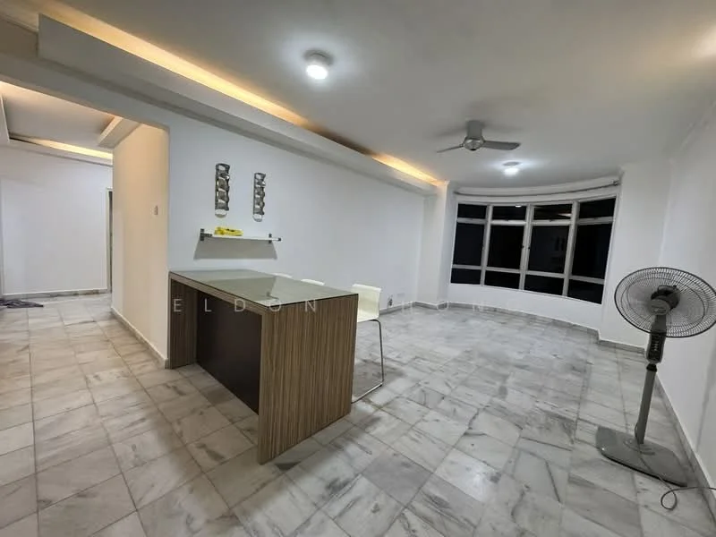 Room features: marble tile flooring, white painted walls, recessed downlights, 5-blade ceiling fan, large windows with city view, wooden desk, plastic chair, standing fan; style: modern; view: city.
