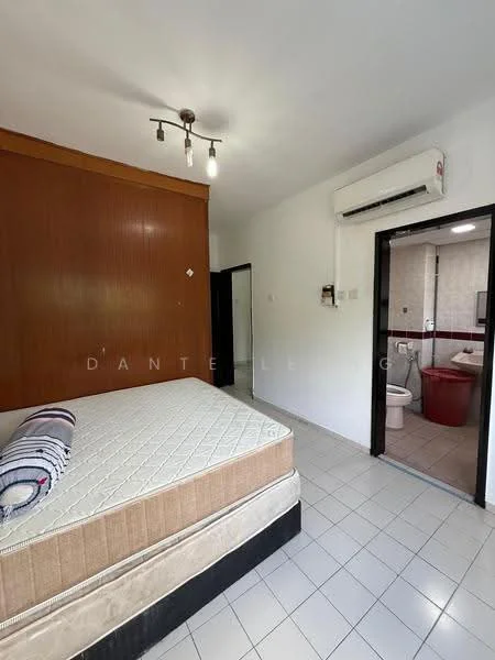 Bedroom features: wood panel accent wall, white painted walls, tile flooring, 1 wall-mounted split AC, recessed ceiling lights, queen-size bed base, blanket on bed, doorway leading to bathroom. Bathroom features: toilet, sink, bathtub, tile flooring, wall-mounted mirror, white tiled walls.