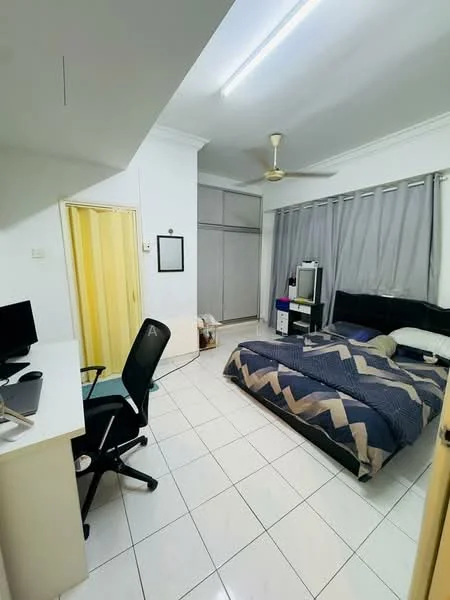 Bedroom features: king-size bed with blue and white chevron patterned bedding, upholstered headboard, 2 bedside lamps, built-in wardrobe with sliding doors, desk with computer monitor, black office chair, white desk, white tiled flooring, grey curtains, ceiling fan, wall-mounted mirror; style: modern.