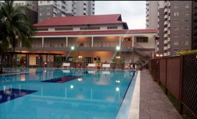 Exterior type: swimming pool deck; features: infinity pool, pool deck with loungers, landscaped garden, palm trees, two-storey clubhouse, red pitched roof, grey concrete facade, outdoor lighting, stone-paved walkway; style: modern.