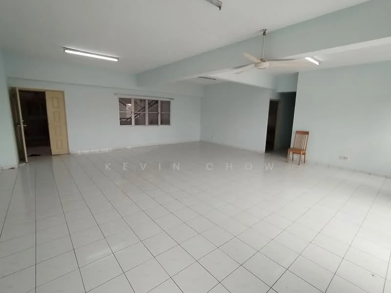 Room features: light blue painted walls, white tiled flooring, ceiling fan, fluorescent ceiling lights, large windows, open layout, empty space, single wooden chair; style: minimalist.