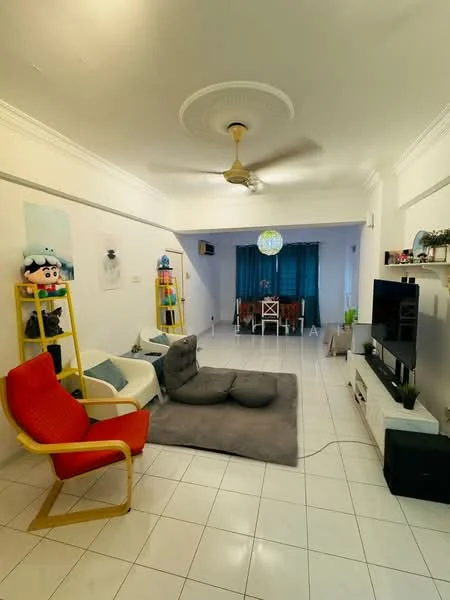 Living features: white painted walls, tile flooring, tray ceiling, 5-blade ceiling fan with light, floor-to-ceiling windows with blue curtains, TV console, wall-mounted TV, decorative wall shelf, area rug, bean bag chair, single armchair in red, dining table with chairs; style: modern.