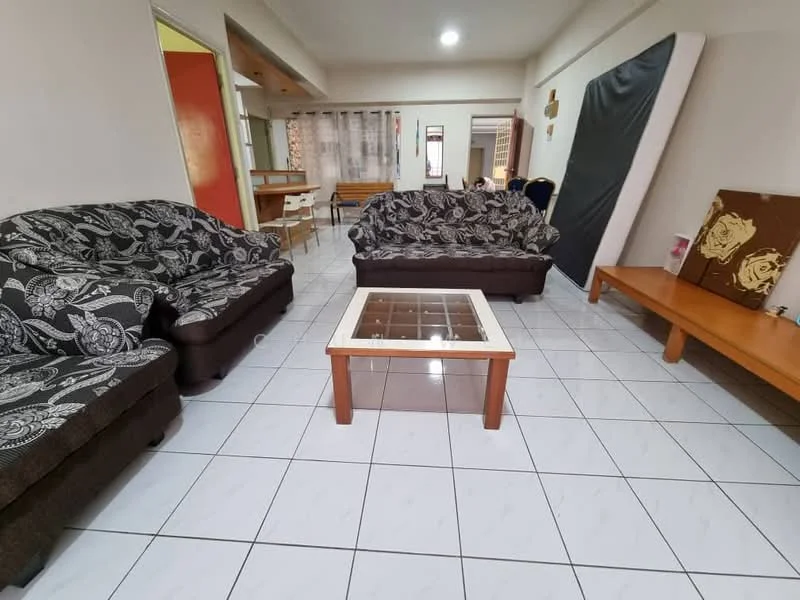 Living features: 2 fabric sofas with floral pattern, 1 wooden coffee table with glass top, 1 wooden side table, white tiled flooring, recessed ceiling lights, curtains on windows, wall-mounted artwork, open layout to dining area; style: modern.