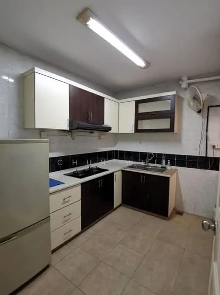 Kitchen features: white and dark brown cabinetry, stainless-steel fridge, built-in gas hob, exhaust hood, double-bowl stainless-steel sink, black tiled backsplash, light-colored tile flooring, fluorescent ceiling lights, wall-mounted fan; style: modern.