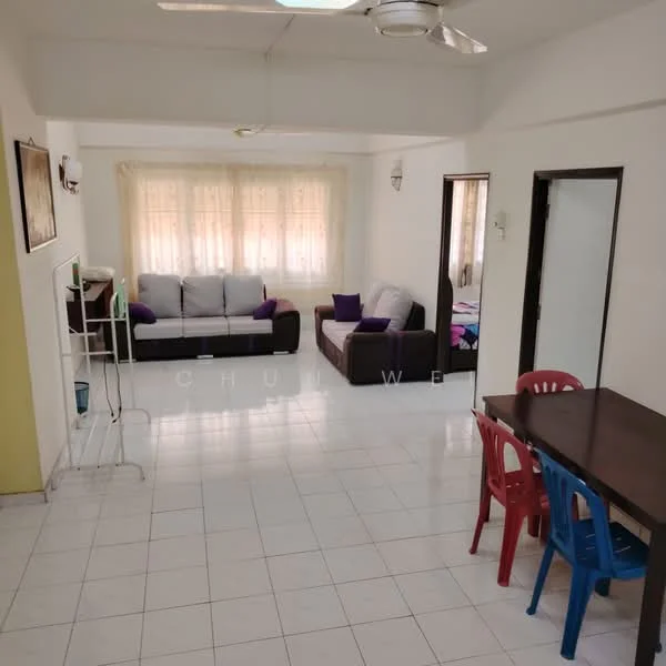 Living features: white painted walls, white tiled flooring, 5-blade ceiling fan, sofa in light grey, sofa in dark brown, purple throw pillows, dining table with 4 chairs in red and blue, curtains with floral pattern, wall-mounted light fixtures; style: modern.
