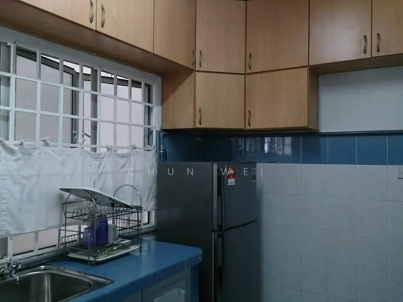 Kitchen features: blue laminate countertop, white tiled backsplash, light wood cabinetry, stainless-steel fridge, single-bowl stainless-steel sink, chrome pull-down faucet, window with white grille, dish rack, grey tiled flooring; style: modern.