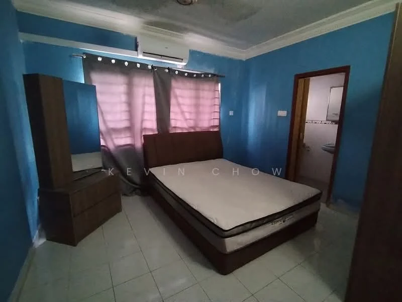Bedroom features: blue painted walls, white ceiling, queen-size bed with mattress, wooden bedside table, floor-to-ceiling window with sheer curtains, air conditioning unit, tile flooring, built-in wardrobe, light fixture on ceiling.