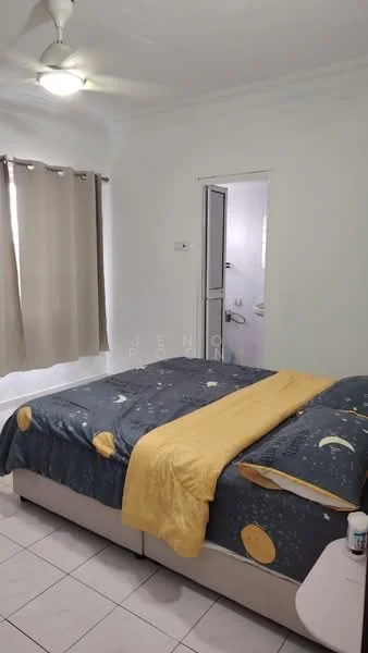 Bedroom features: queen-size bed with patterned bedding, yellow throw blanket, two bedside tables, table lamp on bedside table, floor-to-ceiling window with sheer curtains, white painted walls, ceiling fan, tile flooring, built-in wardrobe with sliding doors, doorway leading to bathroom; style: modern.