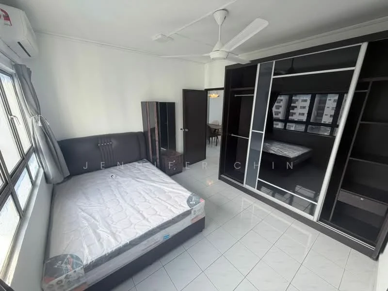 Bedroom features: queen-size bed, upholstered headboard, built-in wardrobe with sliding doors, floor-to-ceiling windows, white painted walls, white tiled flooring, ceiling fan, air conditioning unit; style: modern.