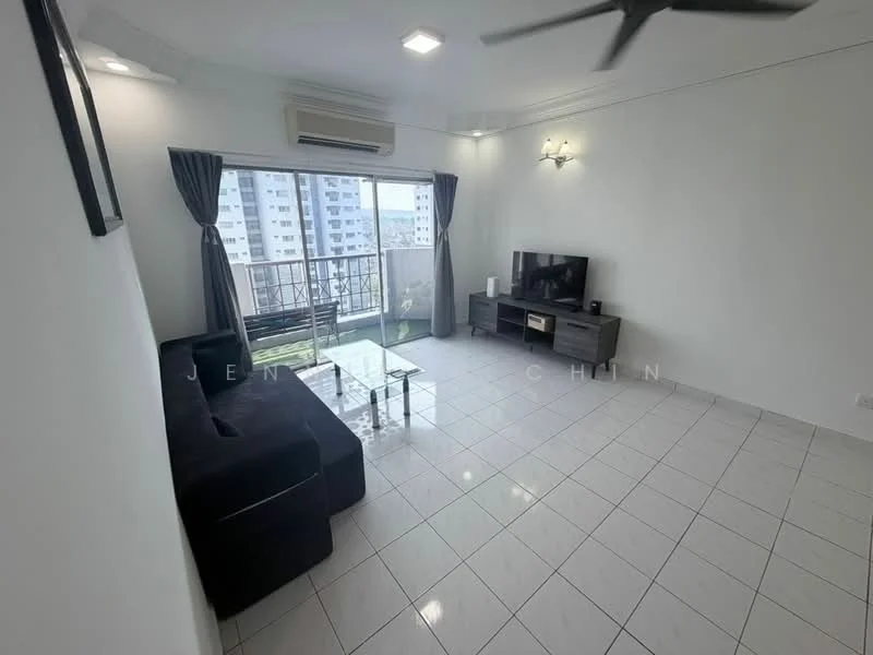 Living features: 3-seater fabric sofa in black, glass coffee table, wall-mounted TV, TV console, white painted walls, white tiled flooring, ceiling fan, floor-to-ceiling windows with sheer curtains, balcony view, air conditioning unit; style: modern; view: city.
