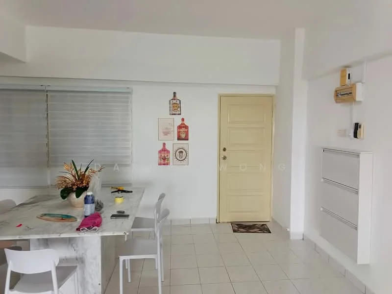 Dining features: marble dining table, white plastic dining chairs, white walls, tile flooring, window with sheer blinds, decorative wall art, yellow door, built-in white cabinet, door mat; style: modern.