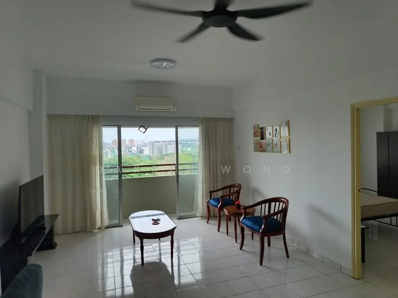 Living features: floor-to-ceiling windows, sliding glass door, sheer curtains, 3-blade ceiling fan, wall-mounted TV, coffee table, 2 wooden chairs with blue upholstery, white painted walls, tile flooring, decorative wall art, air conditioning unit; style: modern; view: city.