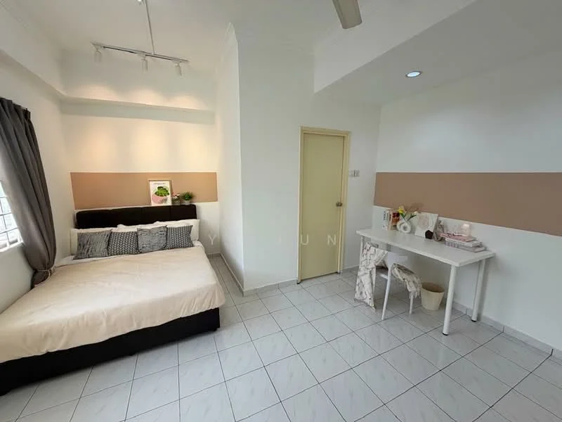 Bedroom features: queen-size bed with black upholstered headboard, white bedding, two decorative pillows, grey curtains, white walls, accent wall with beige stripe, tile flooring, ceiling fan, small desk with white finish, two white chairs, decorative items on desk, window with grid pattern; style: modern.