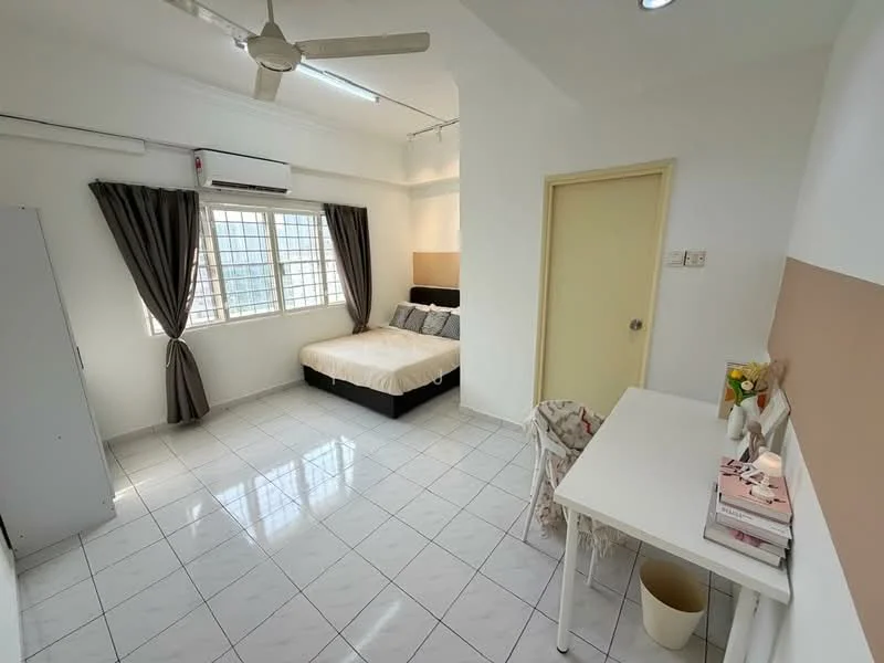 Bedroom features: queen-size bed with beige bedding, white walls, grey curtains, floor-to-ceiling windows, white tiled flooring, ceiling fan, wall-mounted air conditioning unit, study desk with chair, built-in wardrobe, decorative items on desk; style: modern; view: city.