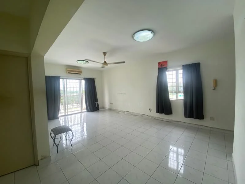 Living features: white painted walls, ceramic tile flooring, 5-blade ceiling fan, recessed downlights, floor-to-ceiling windows, sliding glass door, blackout curtains, sheer curtains, air conditioning unit, decorative wall panel, area rug, chair; style: modern; view: city.