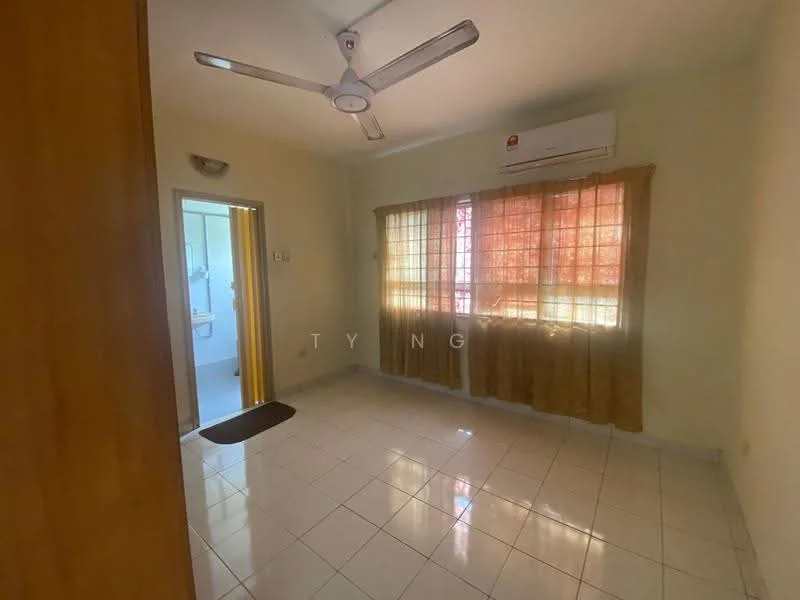 Room features: white painted walls, glossy tile flooring, ceiling fan, window with sheer curtains, air conditioning unit, doorway leading to bathroom, light fixture on ceiling, curtains in beige.