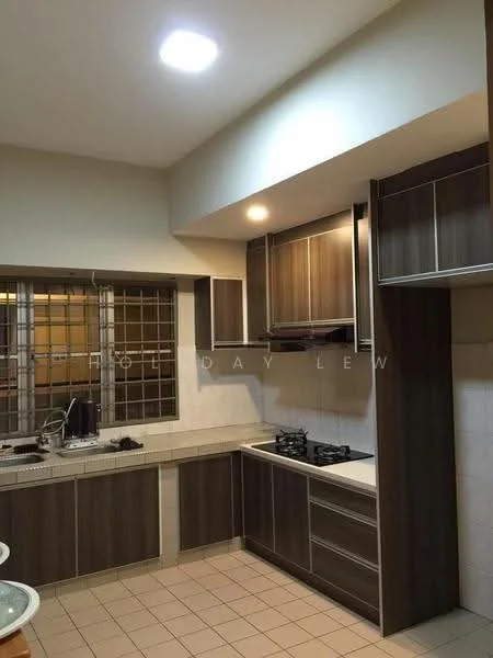 Kitchen features: laminate cabinetry in dark wood finish, white tiled backsplash, granite countertop, double-basin stainless-steel sink, chrome pull-down faucet, built-in gas hob, exhaust hood, wall-mounted cabinets, tile flooring, recessed ceiling lights, window with metal grille, open shelving; style: modern.
