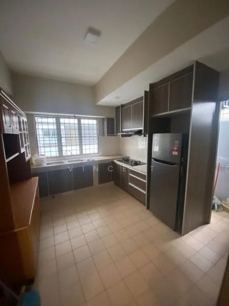Kitchen features: brown cabinetry, black countertop, stainless-steel fridge, built-in oven, 4-burner gas hob, single-bowl stainless-steel sink, window with grid pattern, tile flooring, light fixture on ceiling, open shelving, wooden cabinet, kitchen island, wall-mounted cabinets; style: modern.