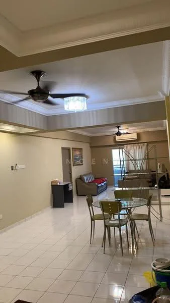 Living features: white painted walls, white tiled flooring, 5-blade ceiling fan with light, chandelier, sofa in grey, coffee table, TV console, wall-mounted TV, area rug, air conditioning unit, dining table with four chairs, decorative wall art; style: modern.