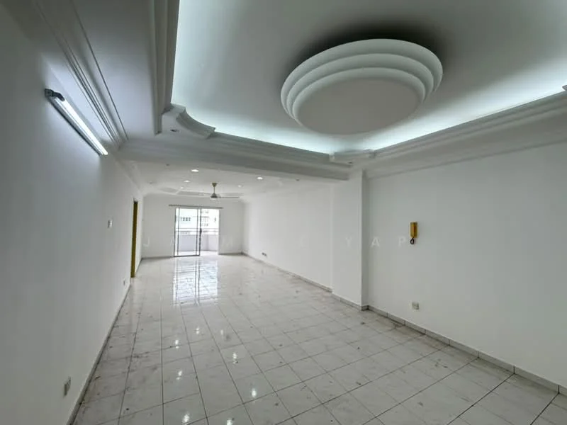 Room features: white painted walls, marble tile flooring, tray ceiling with recessed lighting, ceiling fan, floor-to-ceiling windows, sliding glass door, natural light from windows, no visible furniture; style: modern.