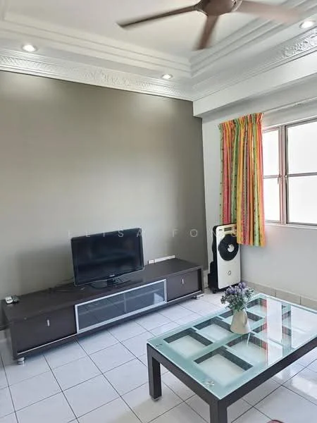 Living features: white tiled flooring, grey painted walls, crown moulding, 5-blade ceiling fan with light, wall-mounted TV, dark wood TV console, glass coffee table, curtains with colorful pattern, air conditioning unit; style: modern.