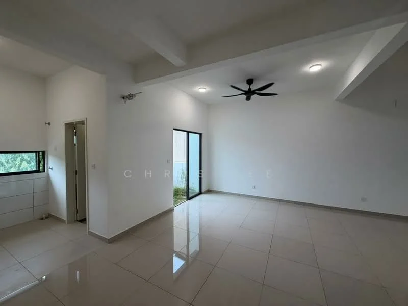 Living features: white painted walls, polished ceramic tile flooring, 5-blade ceiling fan with light, floor-to-ceiling windows, sliding glass door, natural light from windows, recessed downlights, open layout; style: modern; view: garden. Room features: white painted walls, polished ceramic tile flooring, door leading to unknown room, window with view to outside.