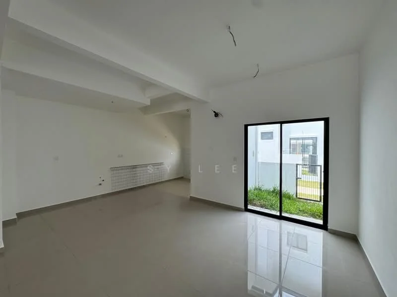 Room features: white painted walls, flat ceiling, large sliding glass door, floor-to-ceiling windows, grey tiled flooring, natural light from windows, view of outdoor greenery, minimalist design; style: modern; view: garden.